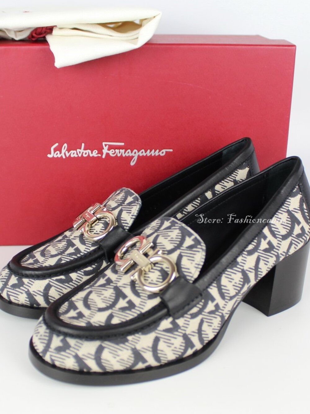 New Salvatore Ferragamo Gancini Jacquard Business Casual Pumps, Black Beige, 5D